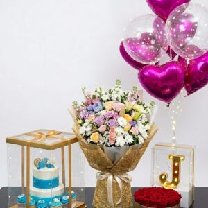 Customized Gift Box with Cake, Red Flower Bouquet & Balloon Setup – Libazly